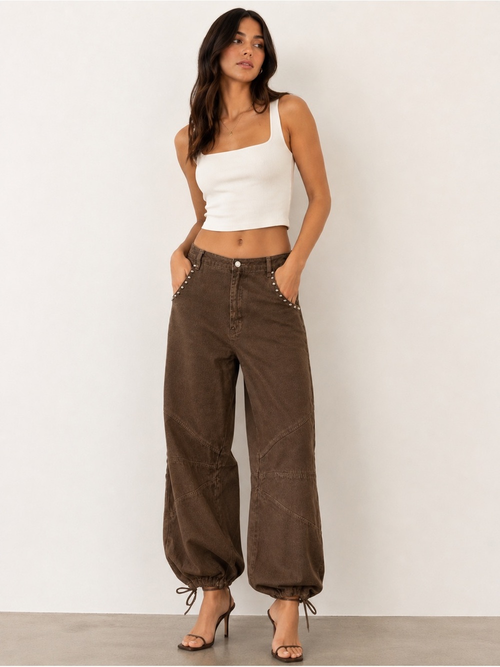 Blue B Collection Studded Jogger Pants Women’s L Washed Brown • Wide Leg Cargo